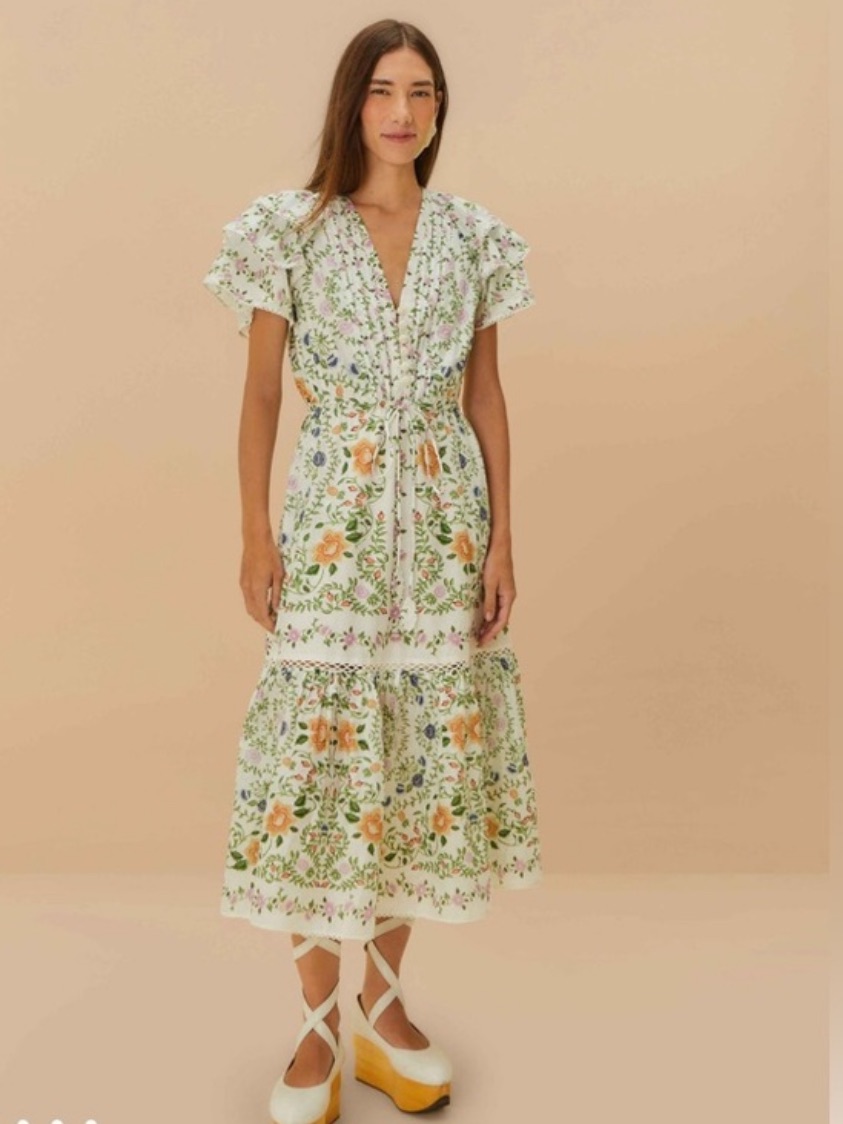Farm Rio Off-White Folk Floral Lace Midi Dress
